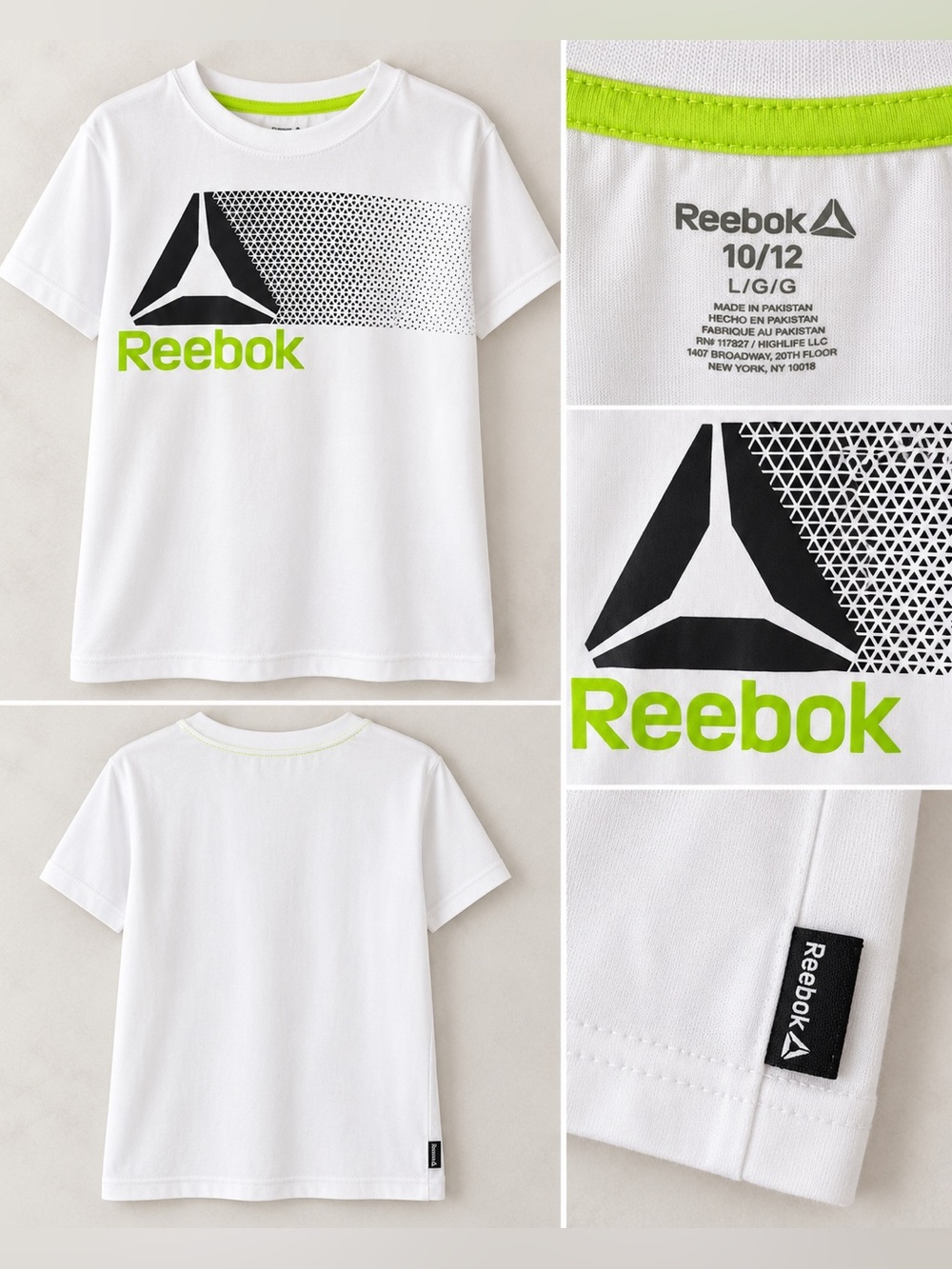 Reebok White Tee with Neon Green and Black Logo. Size 10/12. NWOT